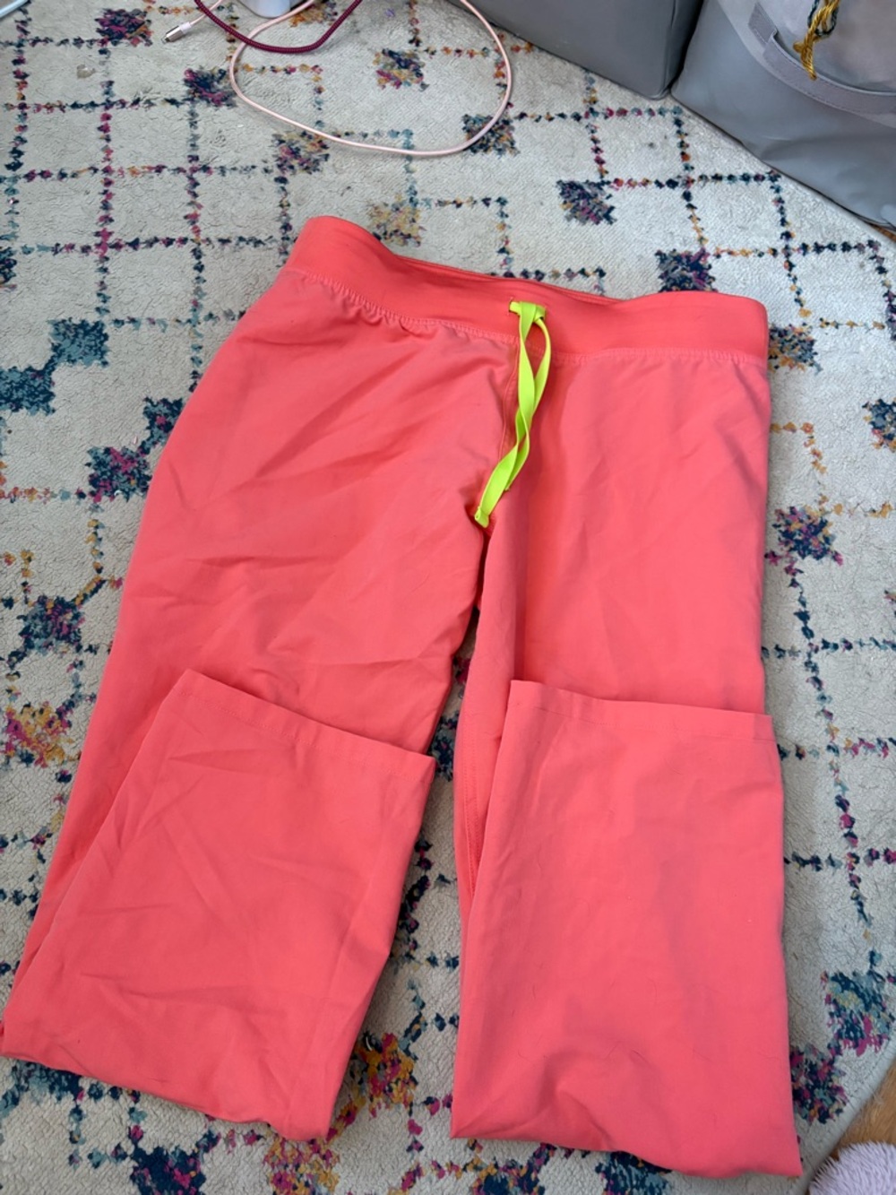 Figs Coral Sweatpants with Neon Yellow Drawstring